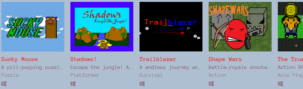 Example screenshot of my itch.io page showing a few games